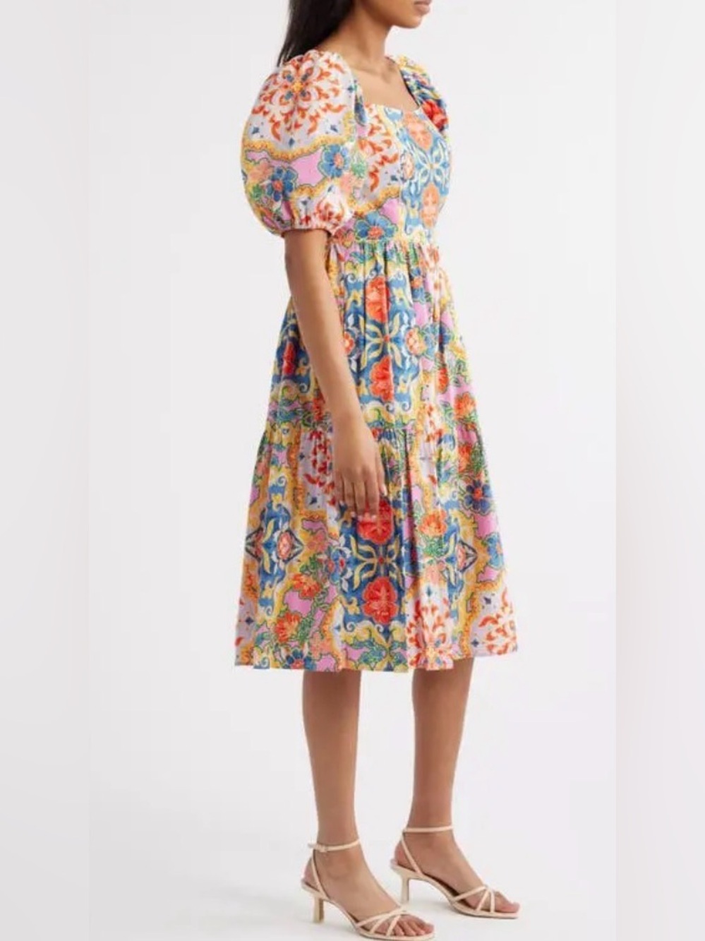 Vince Camuto Women's Print Square Neck Puff Sleeve Midi Dress - Picture 4 of 8